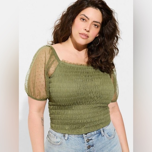Torrid Dot Mesh Square Neck Smocked Crop Top - Olivine - NWT - Picture 1 of 6